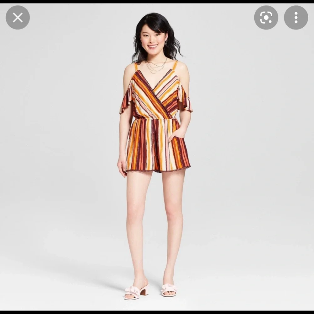 XHILARATION Romper Striped Cold Shoulder with Pom-Pom Trim & Pockets Sz S - Picture 16 of 16